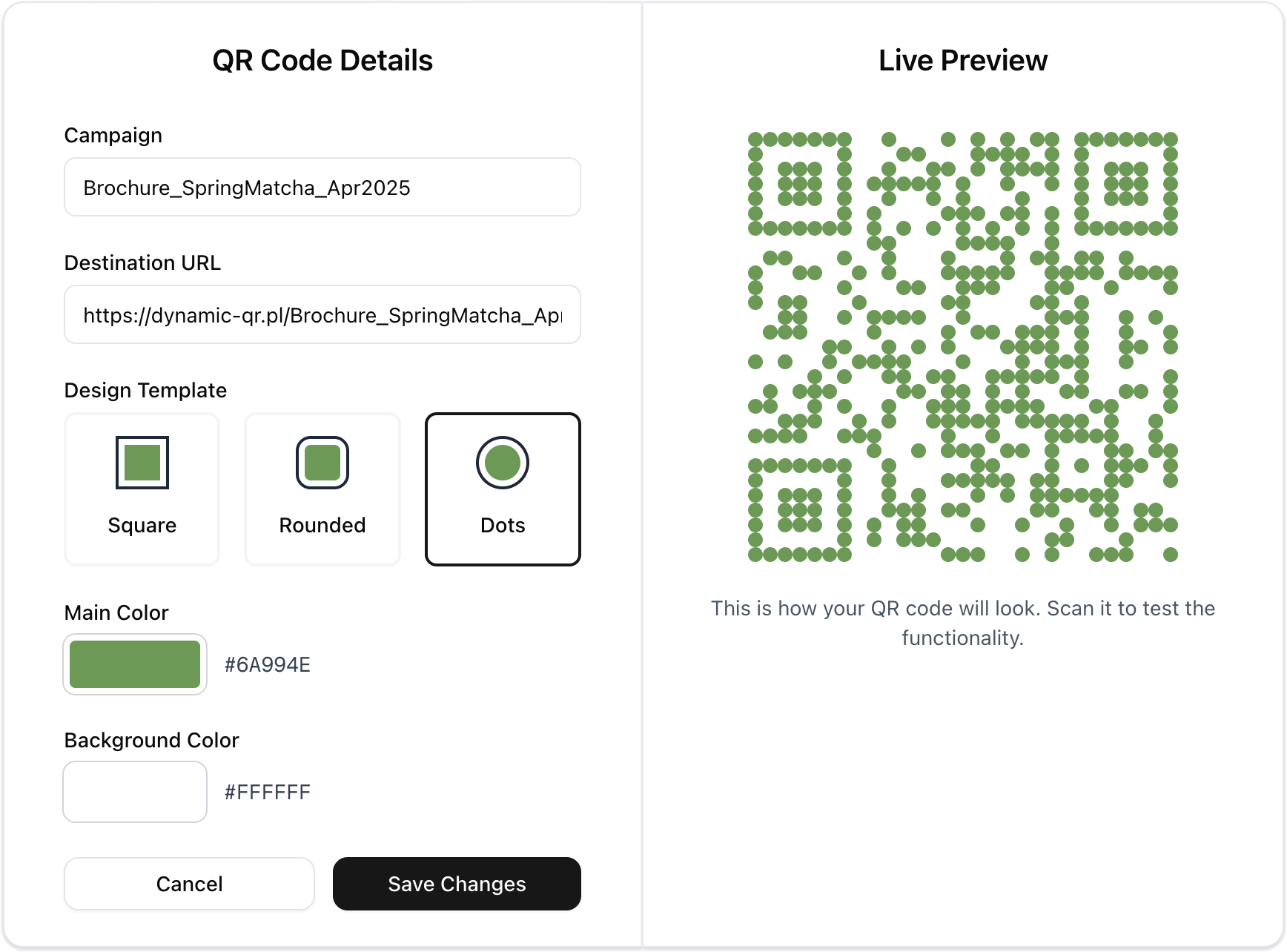 Dynamic QR code management interface showing how to edit QR codes instantly