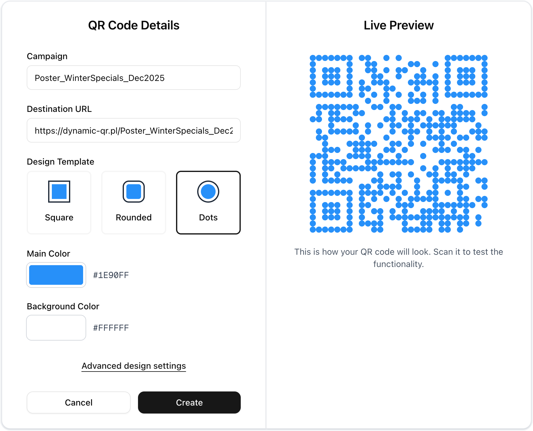 Create new QR code form showing campaign name, URL input, and design selection