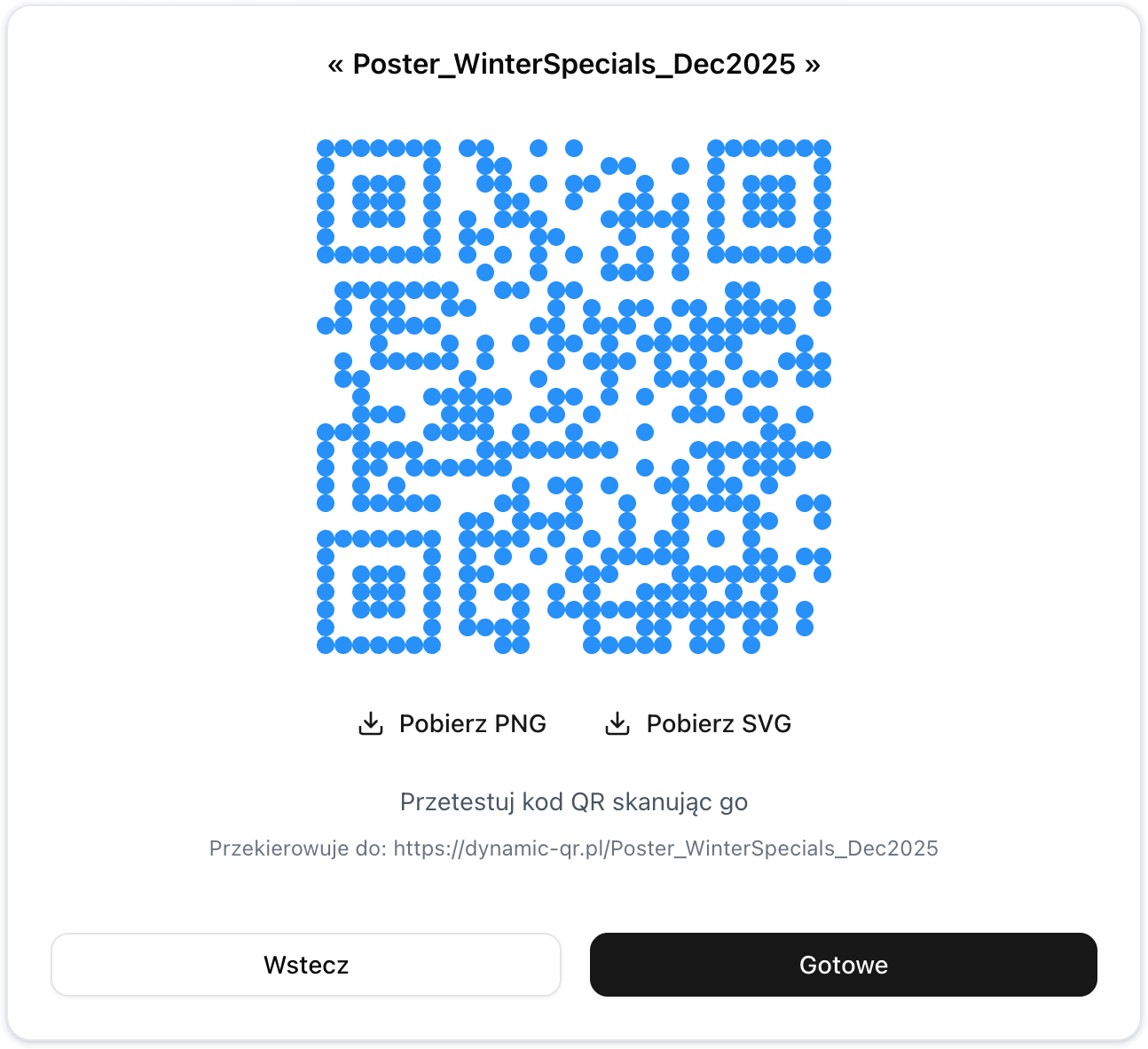 Wygenerowany kod QR z opcjami pobierania i wyświetlonym krótkim linkiem