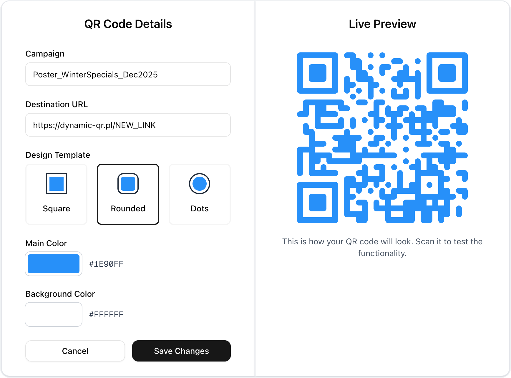 QR code editing interface showing how to update destination URL