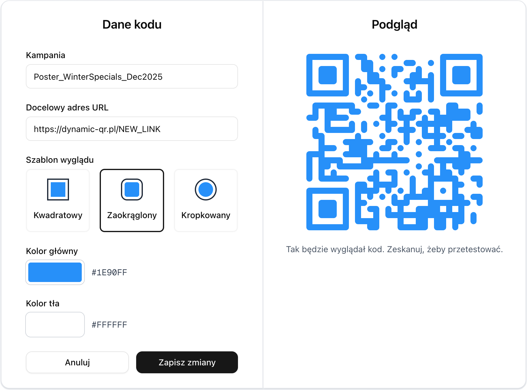 Interfejs edycji kodu QR pokazujący jak zaktualizować docelowy URL
